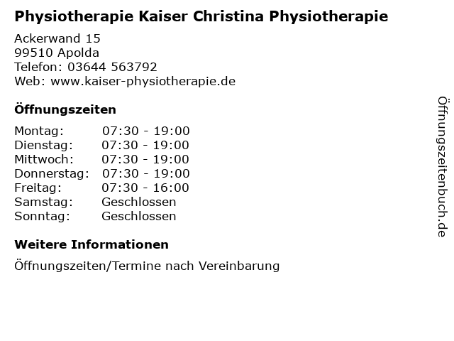 Physiotherapie Kaiser Christina Physiotherapie in Apolda: Adresse und Öffnungszeiten