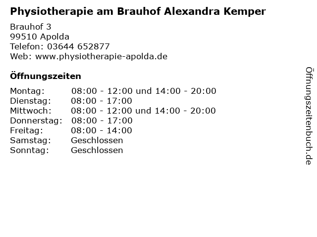 Physiotherapie am Brauhof Alexandra Kemper in Apolda: Adresse und Öffnungszeiten