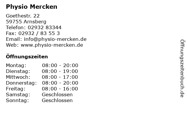 Physio Mercken in Arnsberg: Adresse und Öffnungszeiten
