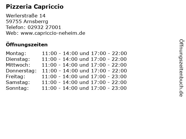 Pizzeria Capriccio in Arnsberrg: Adresse und Öffnungszeiten