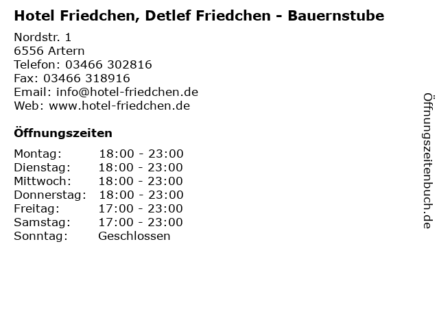 Hotel Friedchen, Detlef Friedchen - Bauernstube in Artern: Adresse und Öffnungszeiten