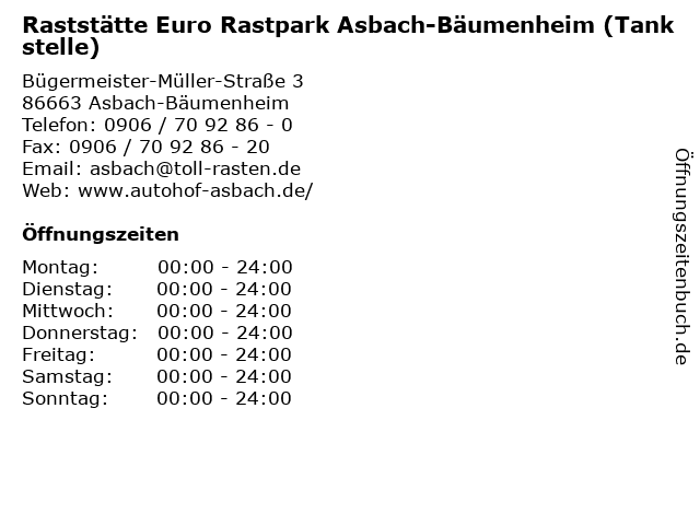 Raststätte Euro Rastpark Asbach-Bäumenheim (Tankstelle) in Asbach-Bäumenheim: Adresse und Öffnungszeiten