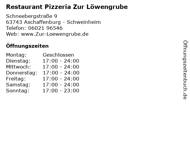 Restaurant Pizzeria Zur Löwengrube in Aschaffenburg - Schweinheim: Adresse und Öffnungszeiten