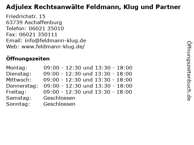 Adjulex Rechtsanwälte Feldmann, Klug und Partner in Aschaffenburg: Adresse und Öffnungszeiten