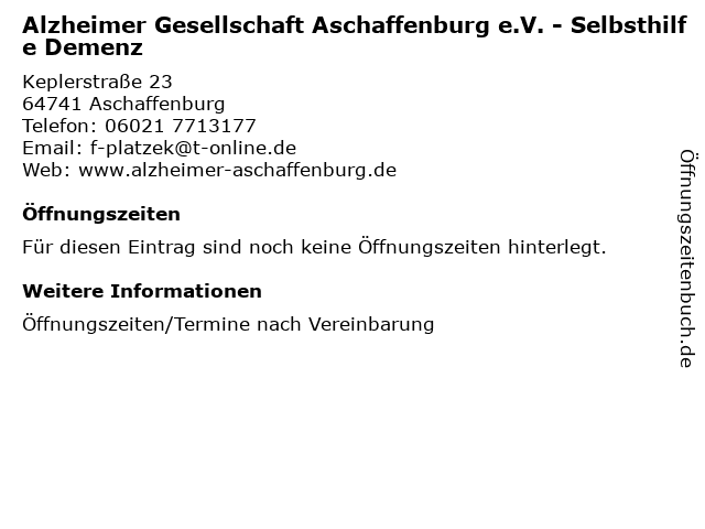Alzheimer Gesellschaft Aschaffenburg e.V. - Selbsthilfe Demenz in Aschaffenburg: Adresse und Öffnungszeiten