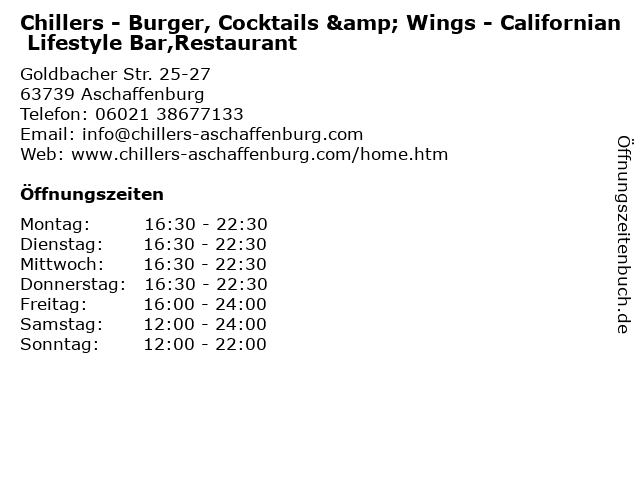 Chillers - Burger, Cocktails & Wings - Californian Lifestyle Bar,Restaurant in Aschaffenburg: Adresse und Öffnungszeiten