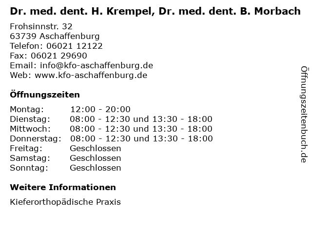Dr. med. dent. H. Krempel, Dr. med. dent. B. Morbach in Aschaffenburg: Adresse und Öffnungszeiten