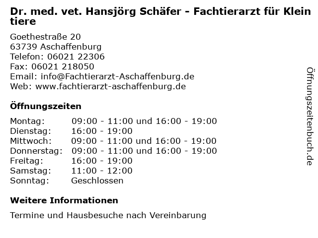 Dr. med. vet. Hansjörg Schäfer - Fachtierarzt für Kleintiere in Aschaffenburg: Adresse und Öffnungszeiten