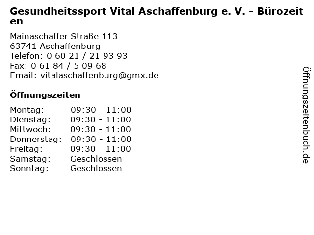 Gesundheitssport Vital Aschaffenburg e. V. - Bürozeiten in Aschaffenburg: Adresse und Öffnungszeiten