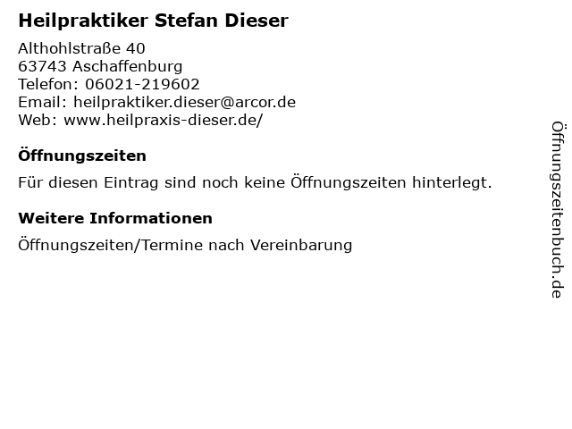 Heilpraktiker Stefan Dieser in Aschaffenburg: Adresse und Öffnungszeiten