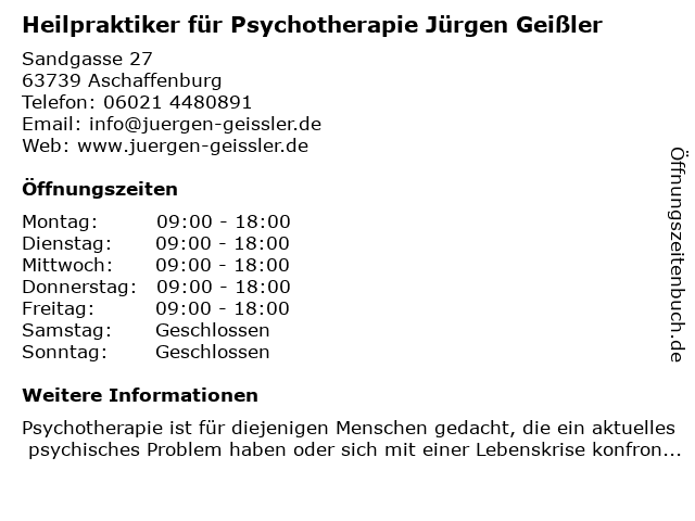 Heilpraktiker für Psychotherapie Jürgen Geißler in Aschaffenburg: Adresse und Öffnungszeiten