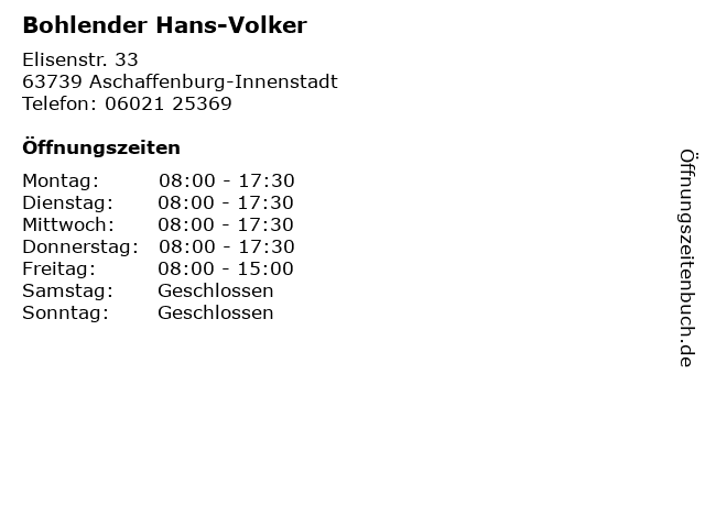 Bohlender Hans-Volker in Aschaffenburg-Innenstadt: Adresse und Öffnungszeiten