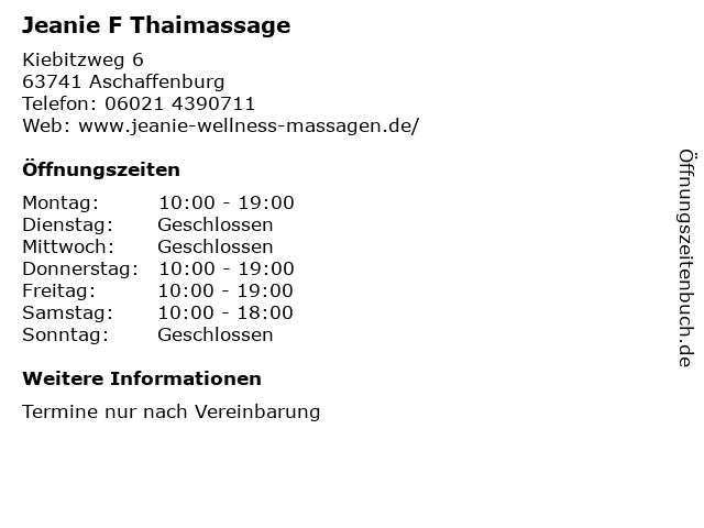 Jeanie F Thaimassage in Aschaffenburg: Adresse und Öffnungszeiten