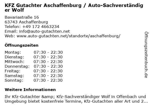 KFZ Gutachter Aschaffenburg / Auto-Sachverständiger Wolf in Aschaffenburg: Adresse und Öffnungszeiten