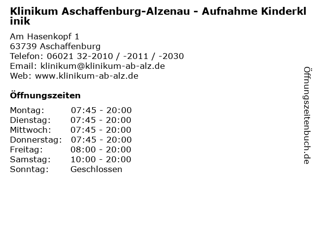 Klinikum Aschaffenburg-Alzenau - Aufnahme Kinderklinik in Aschaffenburg: Adresse und Öffnungszeiten