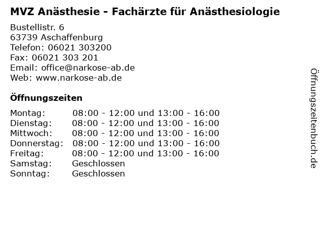 MVZ Anästhesie - Fachärzte für Anästhesiologie in Aschaffenburg: Adresse und Öffnungszeiten