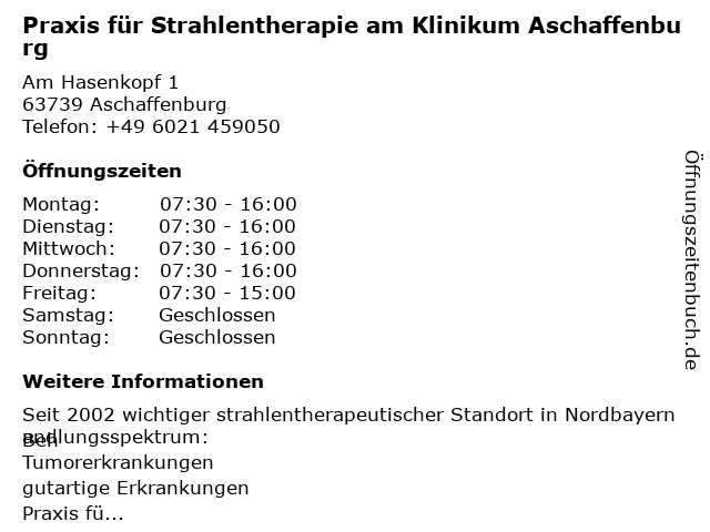 Praxis für Strahlentherapie am Klinikum Aschaffenburg in Aschaffenburg: Adresse und Öffnungszeiten