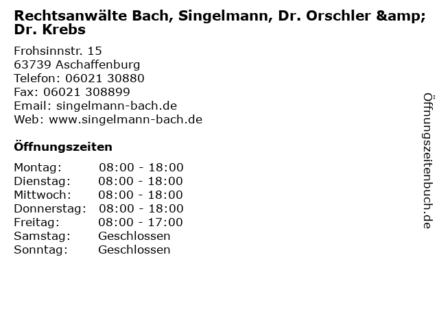 Rechtsanwälte Bach, Singelmann, Dr. Orschler & Dr. Krebs in Aschaffenburg: Adresse und Öffnungszeiten