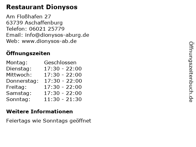 Restaurant Dionysos in Aschaffenburg: Adresse und Öffnungszeiten