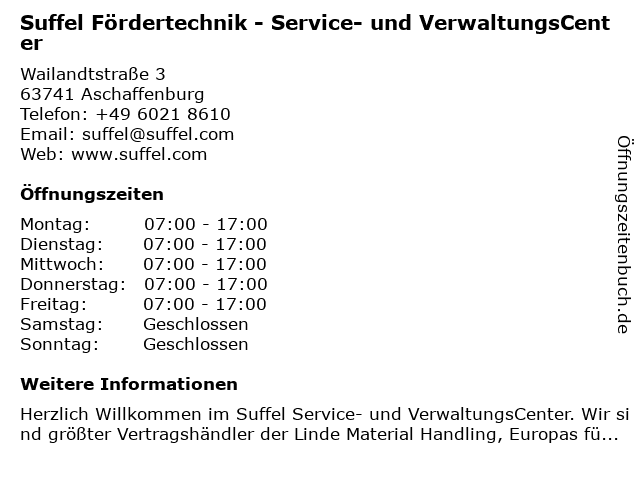 Suffel Fördertechnik - Service- und VerwaltungsCenter in Aschaffenburg: Adresse und Öffnungszeiten