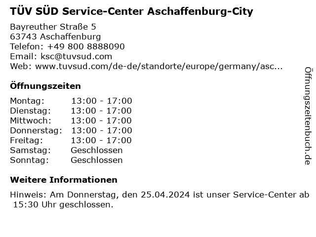TÜV SÜD Service-Center Aschaffenburg-City in Aschaffenburg: Adresse und Öffnungszeiten