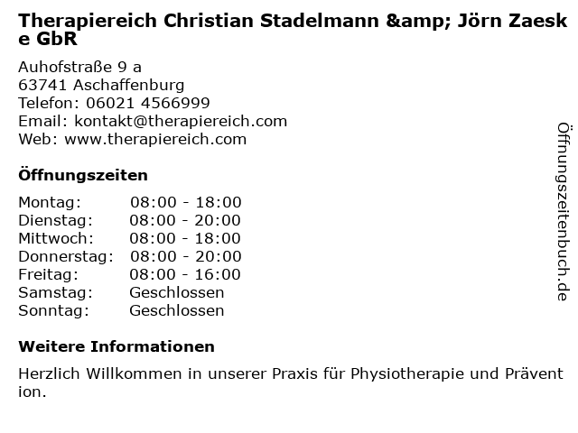Therapiereich Christian Stadelmann & Jörn Zaeske GbR in Aschaffenburg: Adresse und Öffnungszeiten