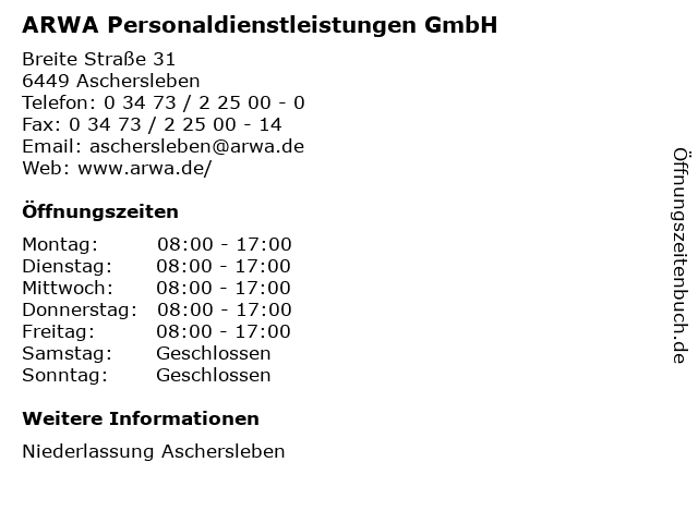ARWA Personaldienstleistungen GmbH in Aschersleben: Adresse und Öffnungszeiten