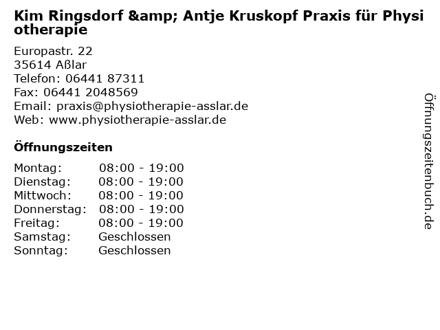 Kim Ringsdorf & Antje Kruskopf Praxis für Physiotherapie in Aßlar: Adresse und Öffnungszeiten