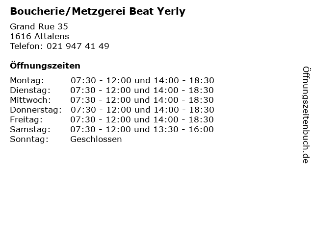 Boucherie/Metzgerei Beat Yerly in Attalens: Adresse und Öffnungszeiten