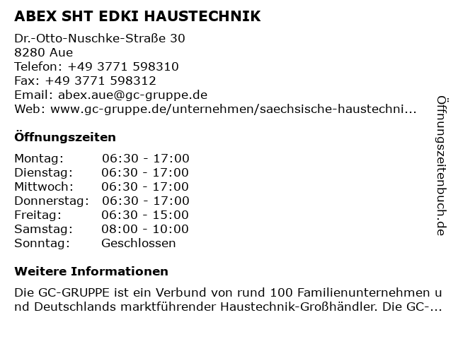 ABEX SHT EDKI HAUSTECHNIK in Aue: Adresse und Öffnungszeiten