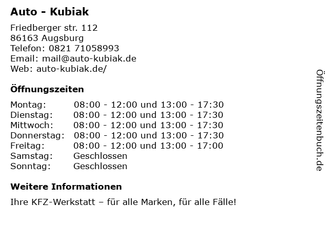Auto - Kubiak in Augsburg: Adresse und Öffnungszeiten