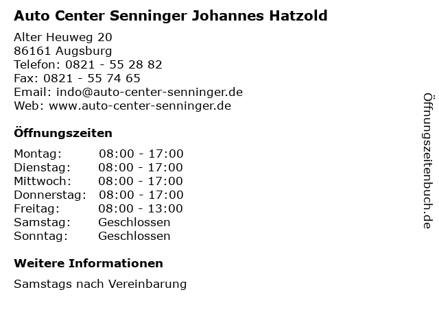 Auto Center Senninger Johannes Hatzold in Augsburg: Adresse und Öffnungszeiten