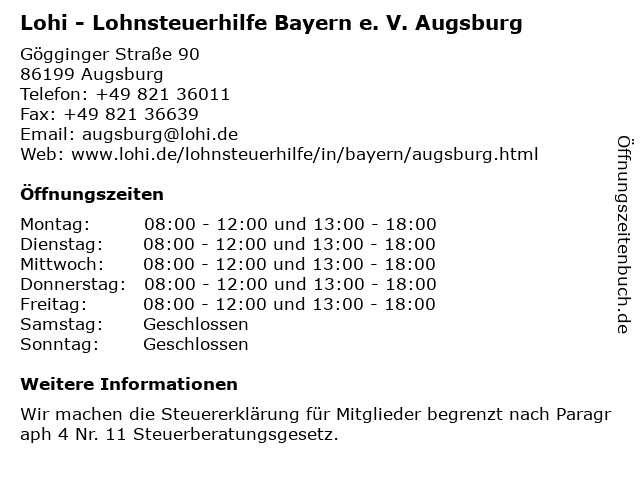 Lohi - Lohnsteuerhilfe Bayern e. V. Augsburg in Augsburg: Adresse und Öffnungszeiten