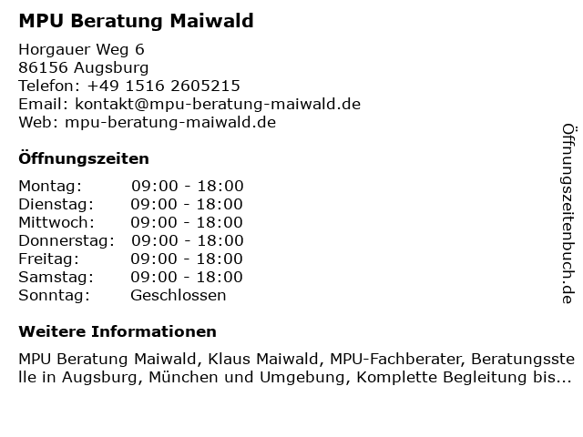 ᐅ Offnungszeiten Mpu Beratung Maiwald Horgauer Weg 6 In Augsburg