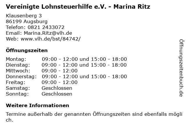 Vereinigte Lohnsteuerhilfe e.V. - Marina Ritz in Augsburg: Adresse und Öffnungszeiten