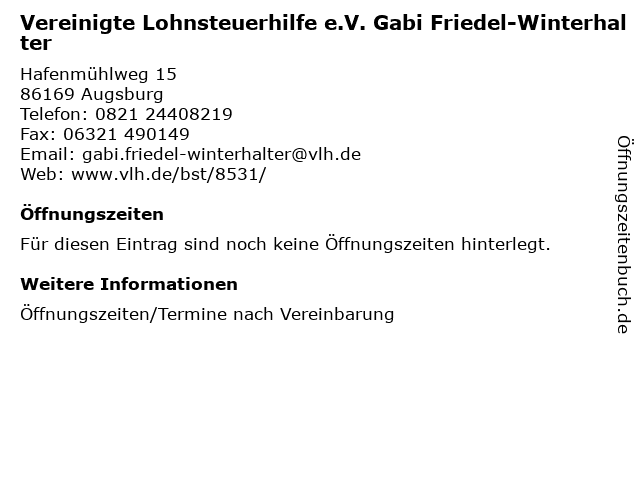Vereinigte Lohnsteuerhilfe e.V. Gabi Friedel-Winterhalter in Augsburg: Adresse und Öffnungszeiten