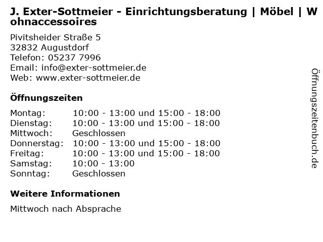 J. Exter-Sottmeier - Einrichtungsberatung | Möbel | Wohnaccessoires in Augustdorf: Adresse und Öffnungszeiten
