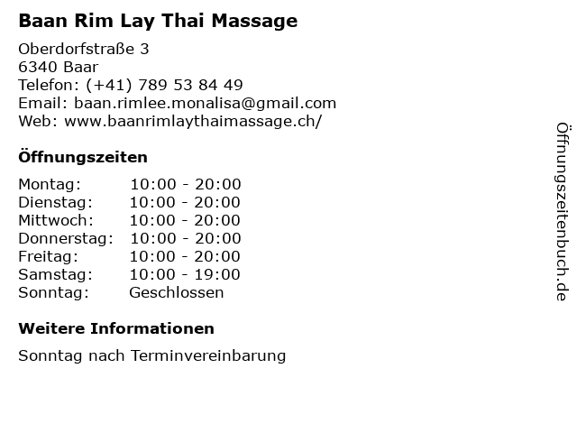 Baan Rim Lay Thai Massage in Baar: Adresse und Öffnungszeiten