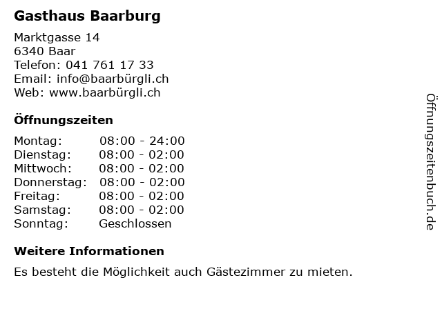 Gasthaus Baarburg in Baar: Adresse und Öffnungszeiten