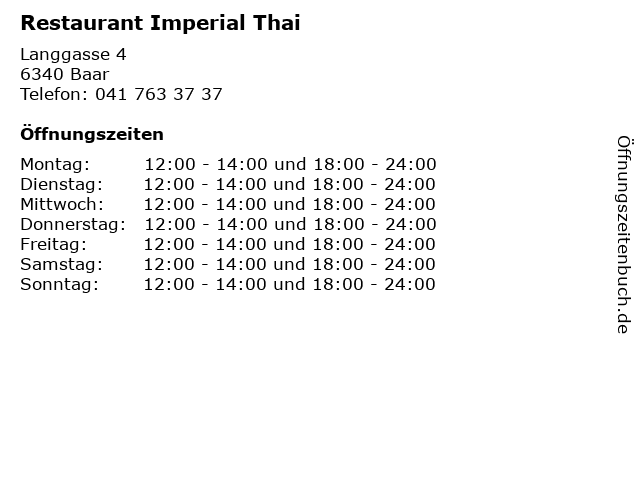 Restaurant Imperial Thai in Baar: Adresse und Öffnungszeiten