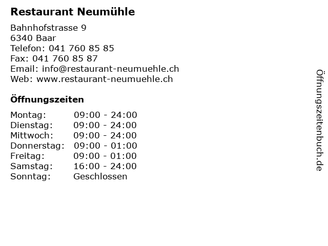 Restaurant Neumühle in Baar: Adresse und Öffnungszeiten