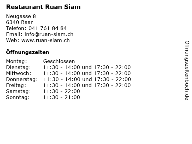 Restaurant Ruan Siam in Baar: Adresse und Öffnungszeiten