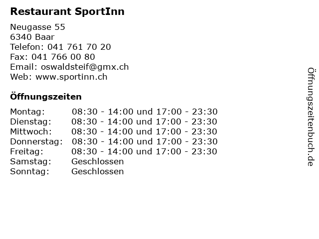 Restaurant SportInn in Baar: Adresse und Öffnungszeiten