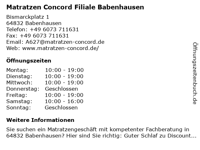 á… Offnungszeiten Matratzen Concord Bismarckplatz 1 In Babenhausen