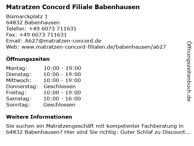 á… Offnungszeiten Matratzen Concord Bismarckplatz 1 In Babenhausen