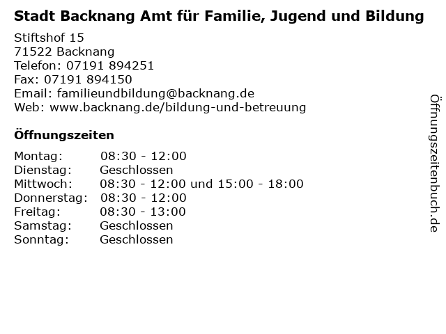 Amt für Familie, Jugend und Bildung in Backnang: Adresse und Öffnungszeiten