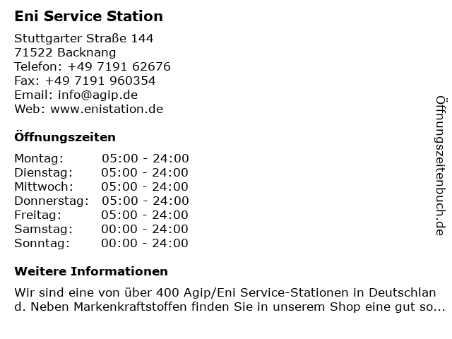 Eni Service Station in Backnang: Adresse und Öffnungszeiten