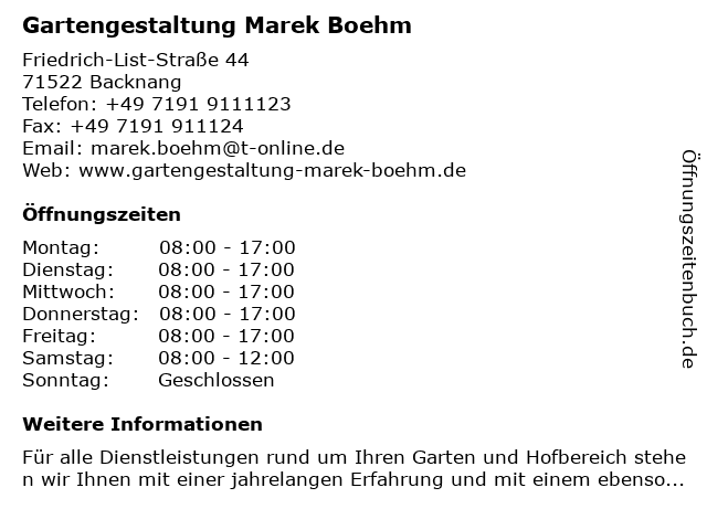 Gartengestaltung Marek Boehm in Backnang: Adresse und Öffnungszeiten