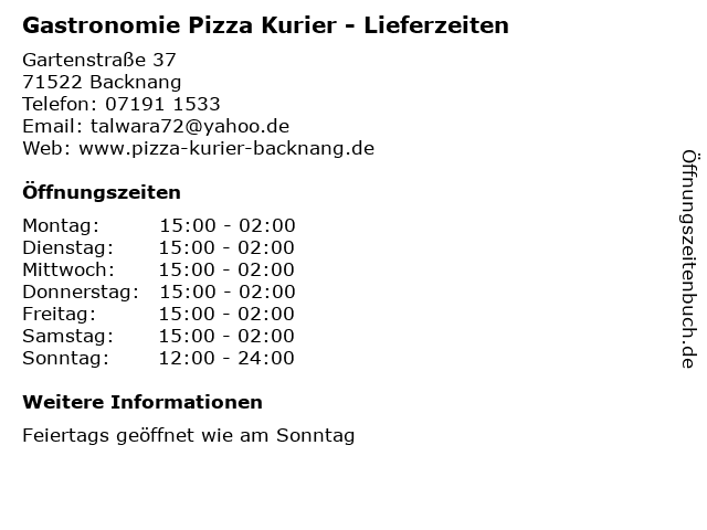 Gastronomie Pizza Kurier - Lieferzeiten in Backnang: Adresse und Öffnungszeiten