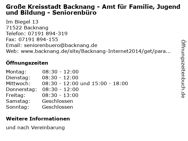 Große Kreisstadt Backnang - Amt für Familie, Jugend und Bildung - Seniorenbüro in Backnang: Adresse und Öffnungszeiten